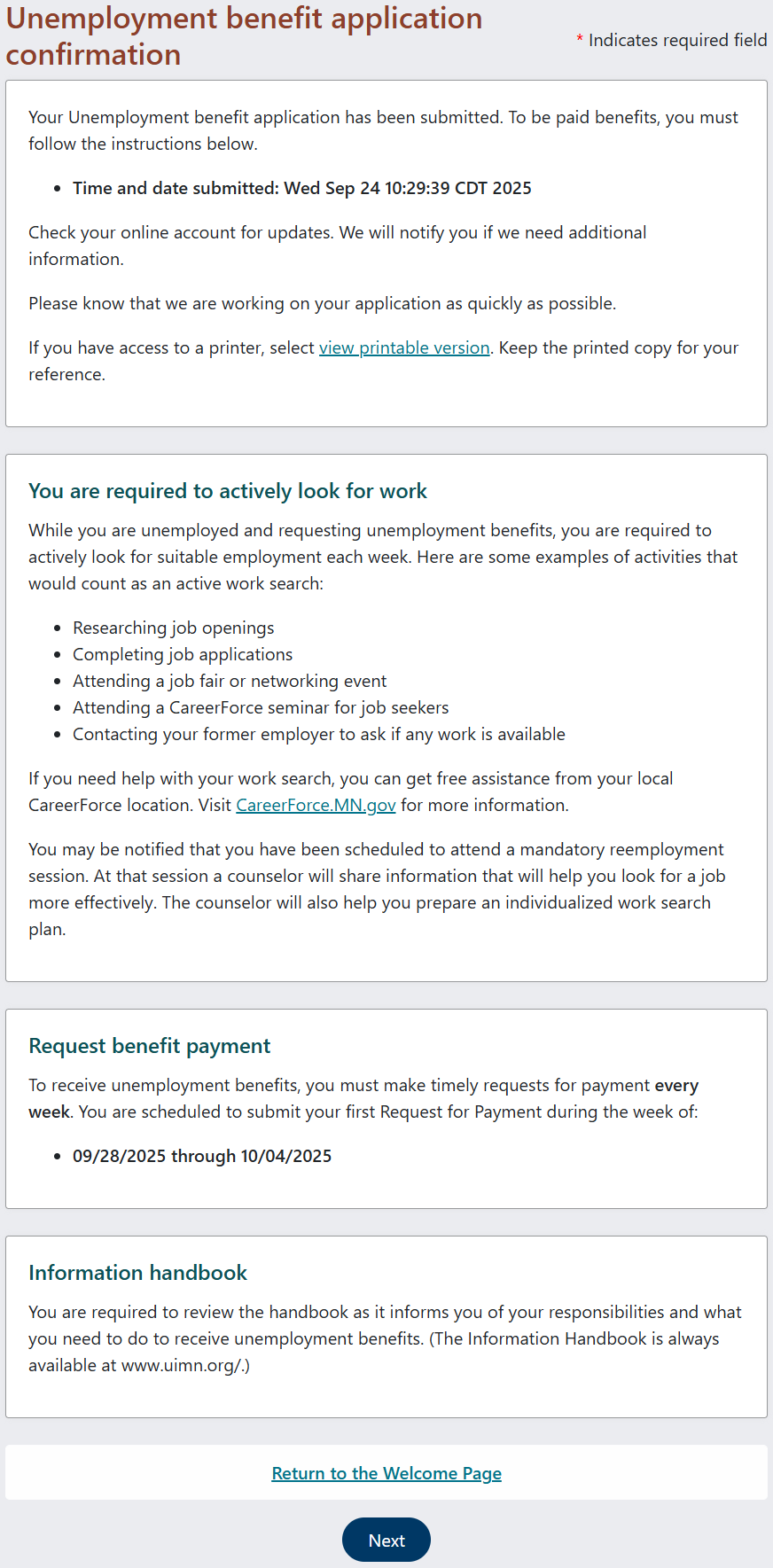 Screen shot of the confirmation page of the application.