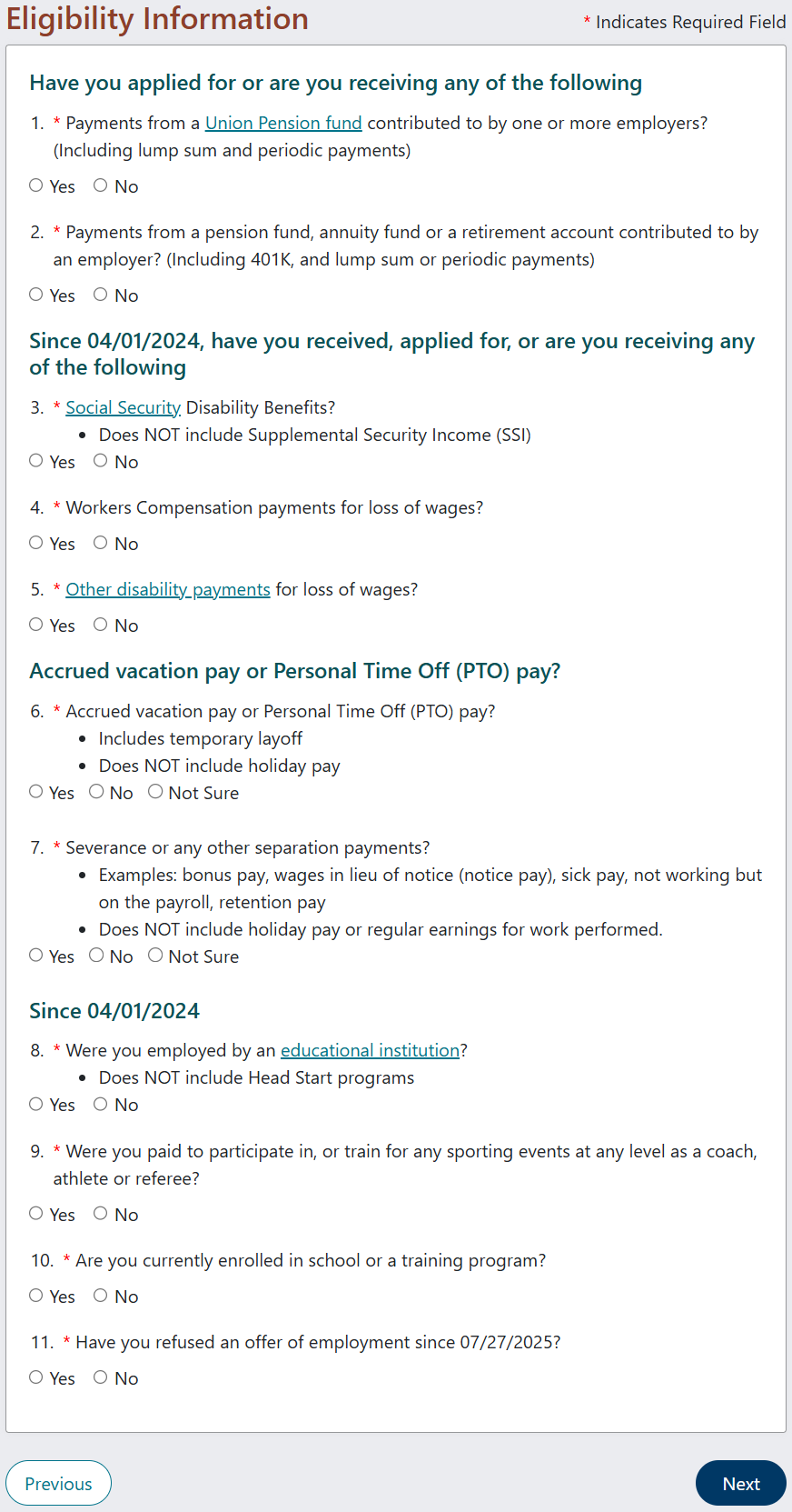 Screen shot of the Eligibility Information page of the application.