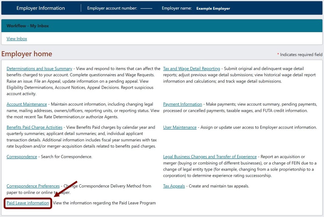 Employer home with "Paid Leave Information" link pointed out.