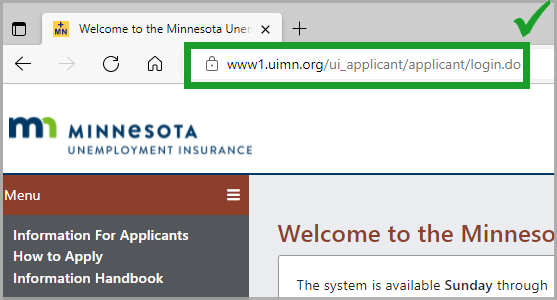 Applicant login page displaying the correct URL (www1.uimn.org/ui_applicant/applicant/login.htm