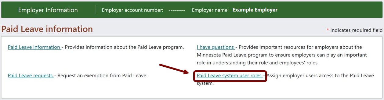 Paid Leave system user roles link circled.