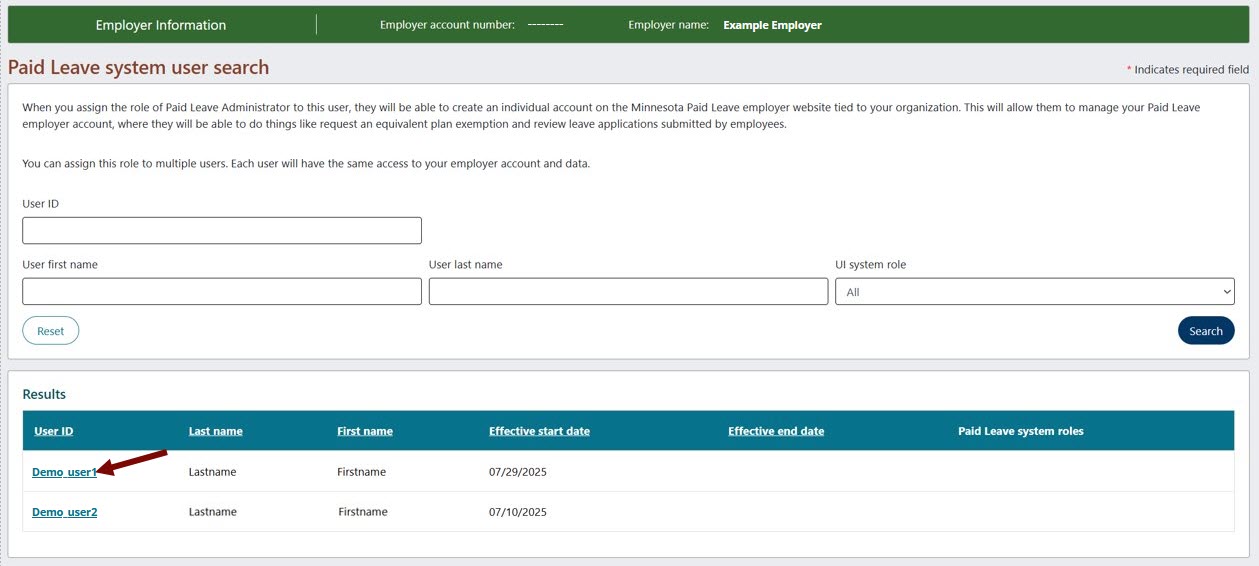 Paid Leave system user search page with an arrow pointing towards the User ID field
