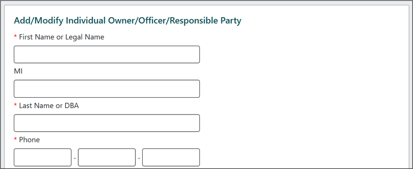 Add/Modify Individual Owner/Officer/Responsible Party information