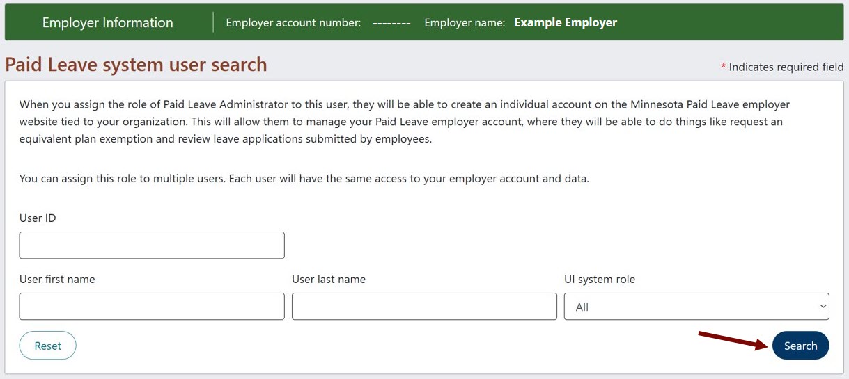 Paid Leave system user search page with blank fields and an arrow pointing towards the Search button