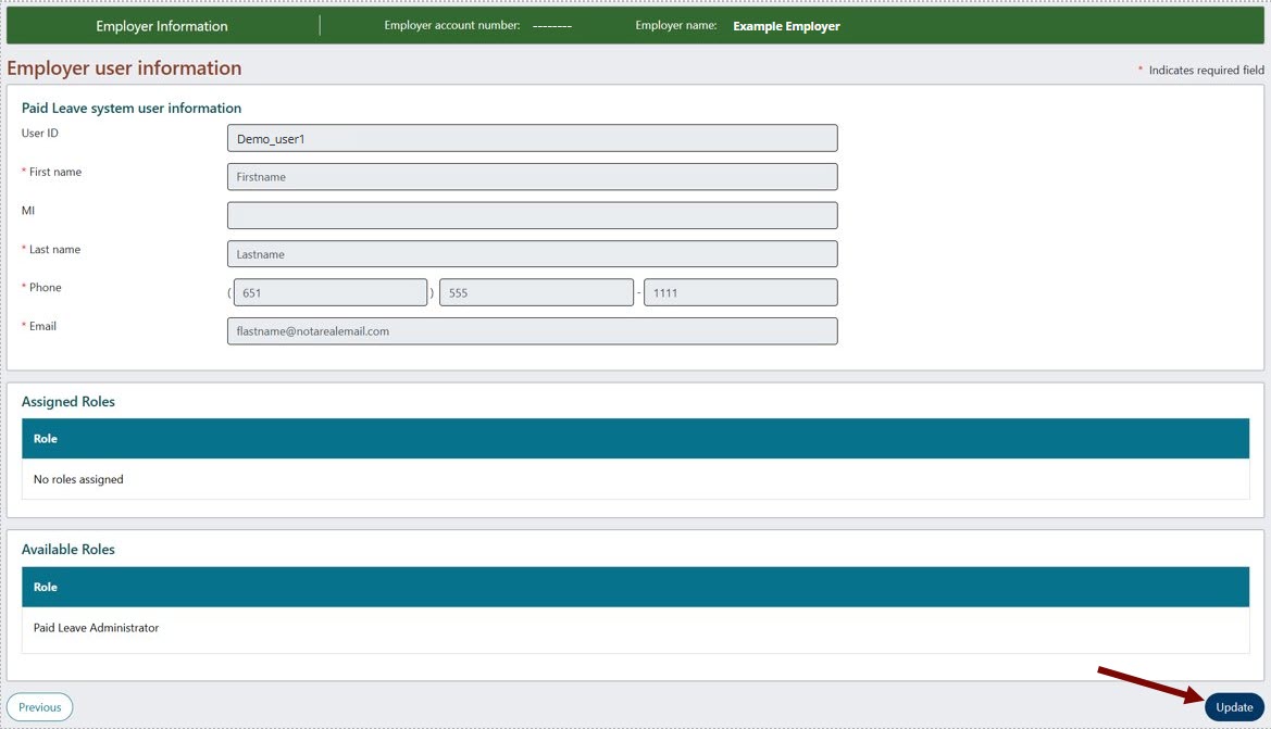 Paid Leave system user information page with an arrow pointing towards the Update button