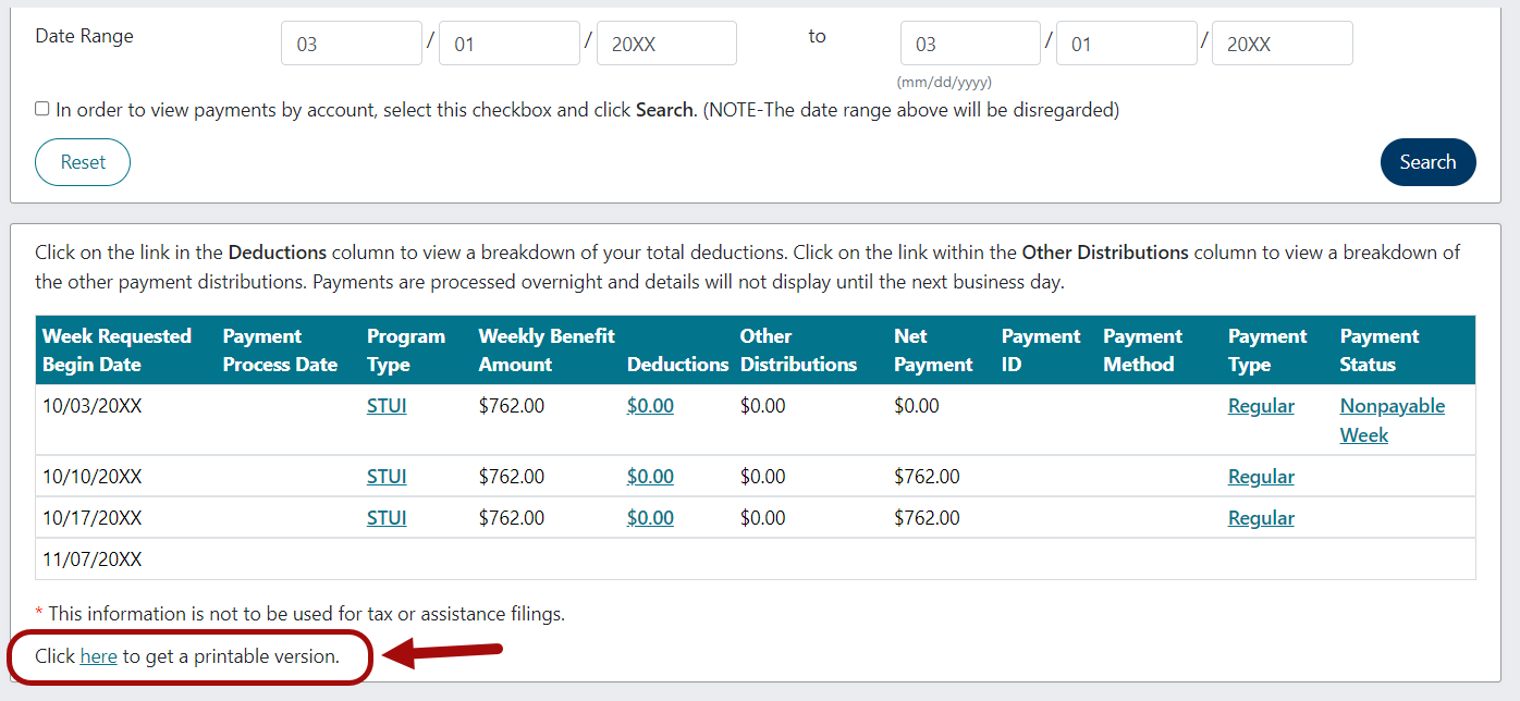 Search results display on Payment Information page