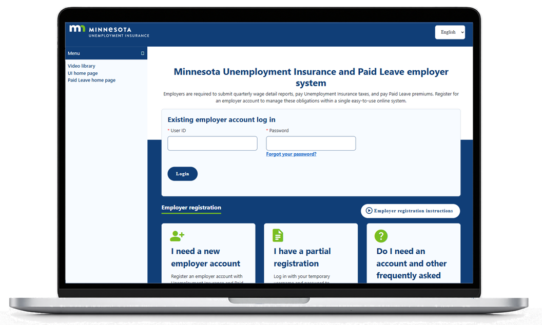 A laptop displaying the new look of the employer account login page.