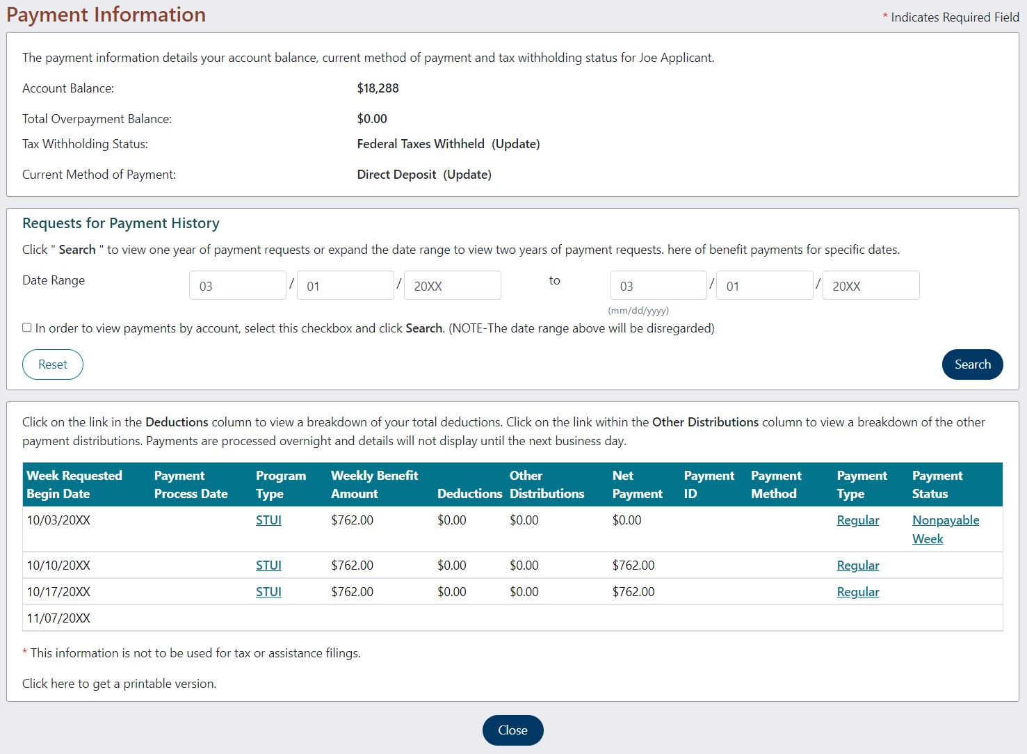 Printable list of Payment Information